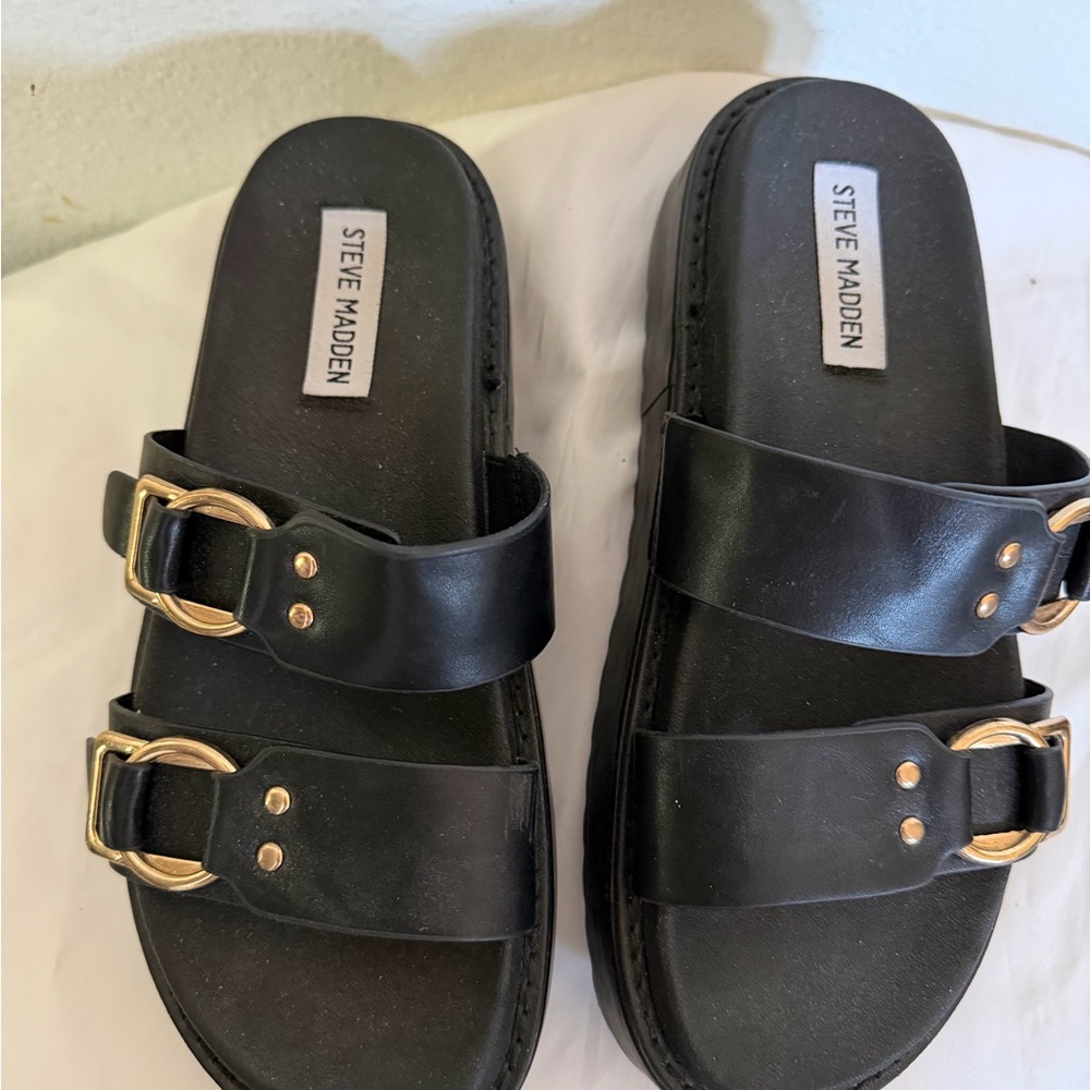 Steve Madden Black Sandals with Gold Buckles